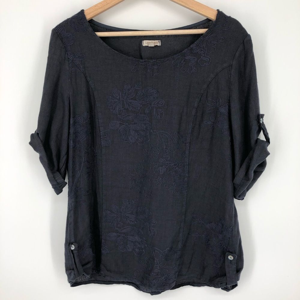 Lina Tomei Embroidered Top Womens Large Blue 100% Linen Floral‎ Roll Tab Sleeves